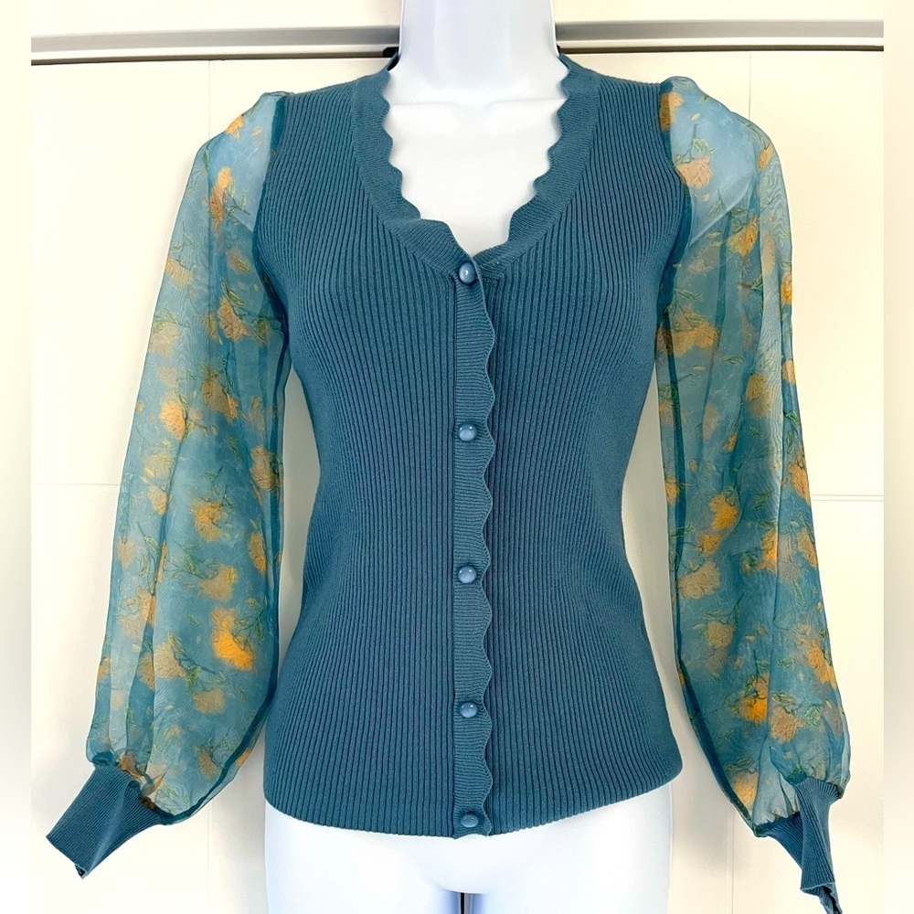 NWT Vila Milano/ Sweater/ Airforce Blue/ Sheer Floral Bubble Sleeves/ Size US XS - Picture 3 of 14